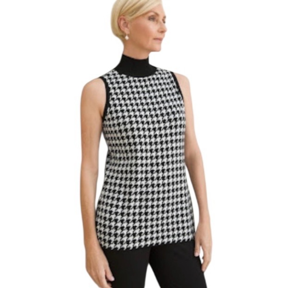 Chico’s 0, Small Women’s Sleeveless Cashmere Blend Houndstooth Mock Neck Sweater